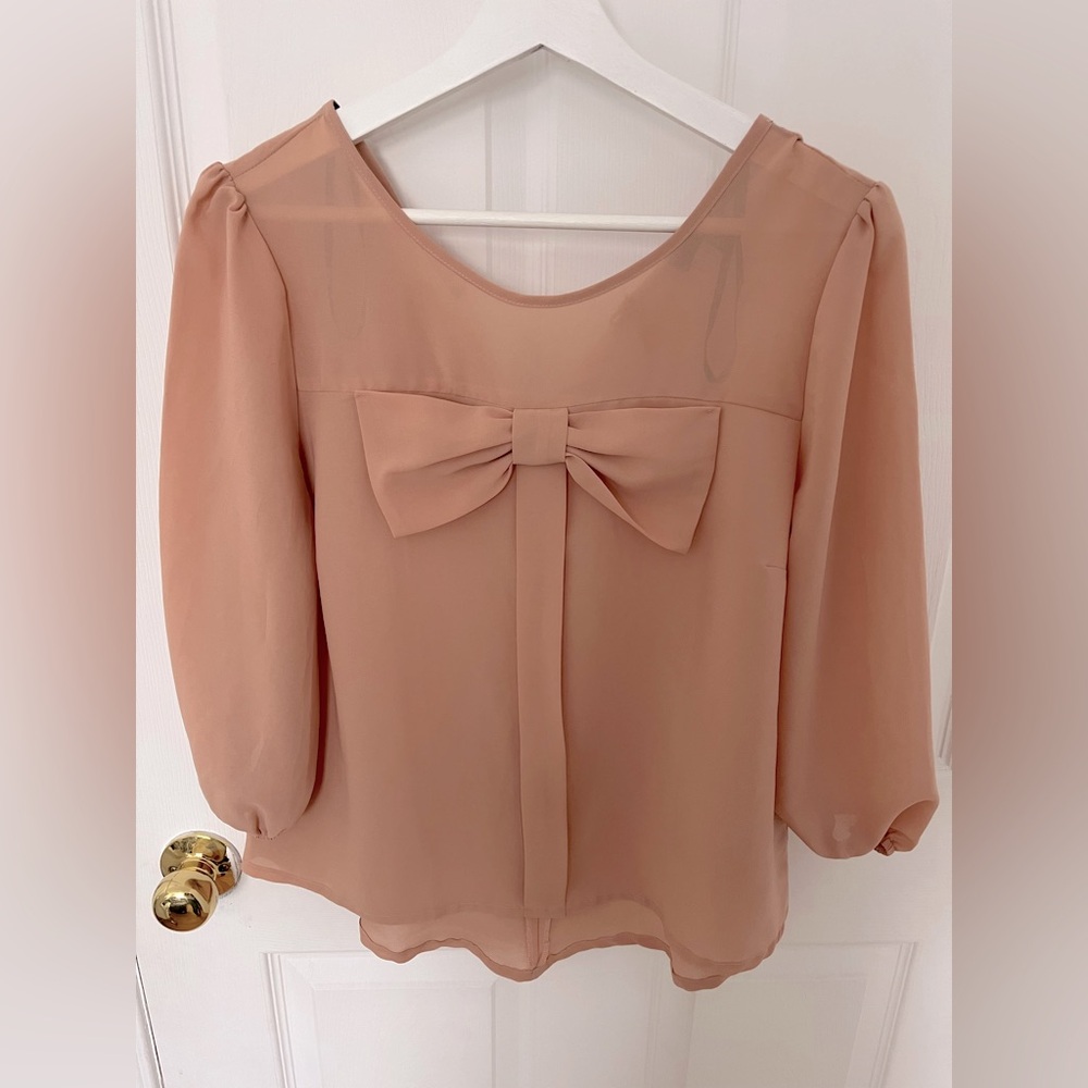 Cute Beige Sheer Shirt with Bow Tie Detail